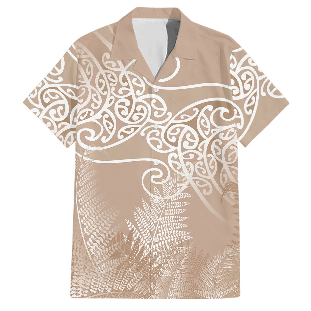 Aotearoa Maori Koru Curves Family Matching Off Shoulder Maxi Dress and Hawaiian Shirt Silver Ferns - Mocha LT7 Dad's Shirt - Short Sleeve Beige - Polynesian Pride