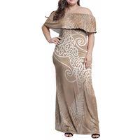Aotearoa Maori Koru Curves Family Matching Off Shoulder Maxi Dress and Hawaiian Shirt Silver Ferns - Mocha LT7 Mom's Dress Beige - Polynesian Pride