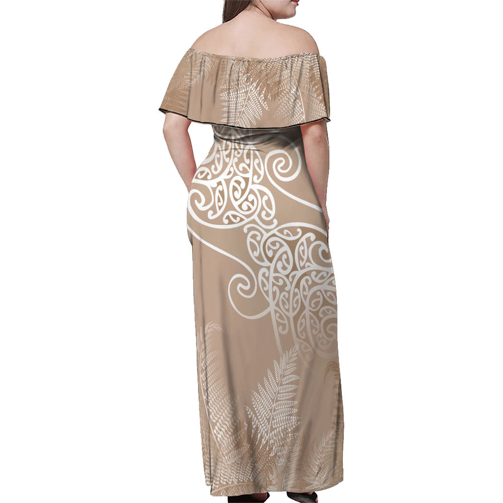 Aotearoa Maori Koru Curves Family Matching Off Shoulder Maxi Dress and Hawaiian Shirt Silver Ferns - Mocha LT7 - Polynesian Pride