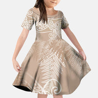 Aotearoa Maori Koru Curves Family Matching Off Shoulder Short Dress and Hawaiian Shirt Silver Ferns - Mocha LT7 Daughter's Dress Beige - Polynesian Pride
