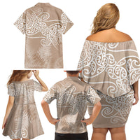 Aotearoa Maori Koru Curves Family Matching Off Shoulder Short Dress and Hawaiian Shirt Silver Ferns - Mocha LT7 - Polynesian Pride
