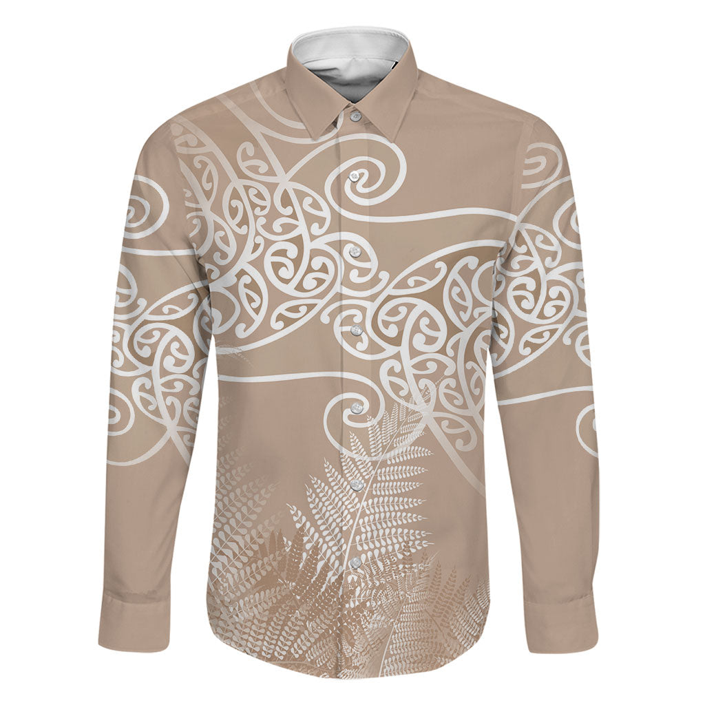 Aotearoa Maori Koru Curves Family Matching Off Shoulder Short Dress and Hawaiian Shirt Silver Ferns - Mocha LT7 Dad's Shirt - Long Sleeve Beige - Polynesian Pride