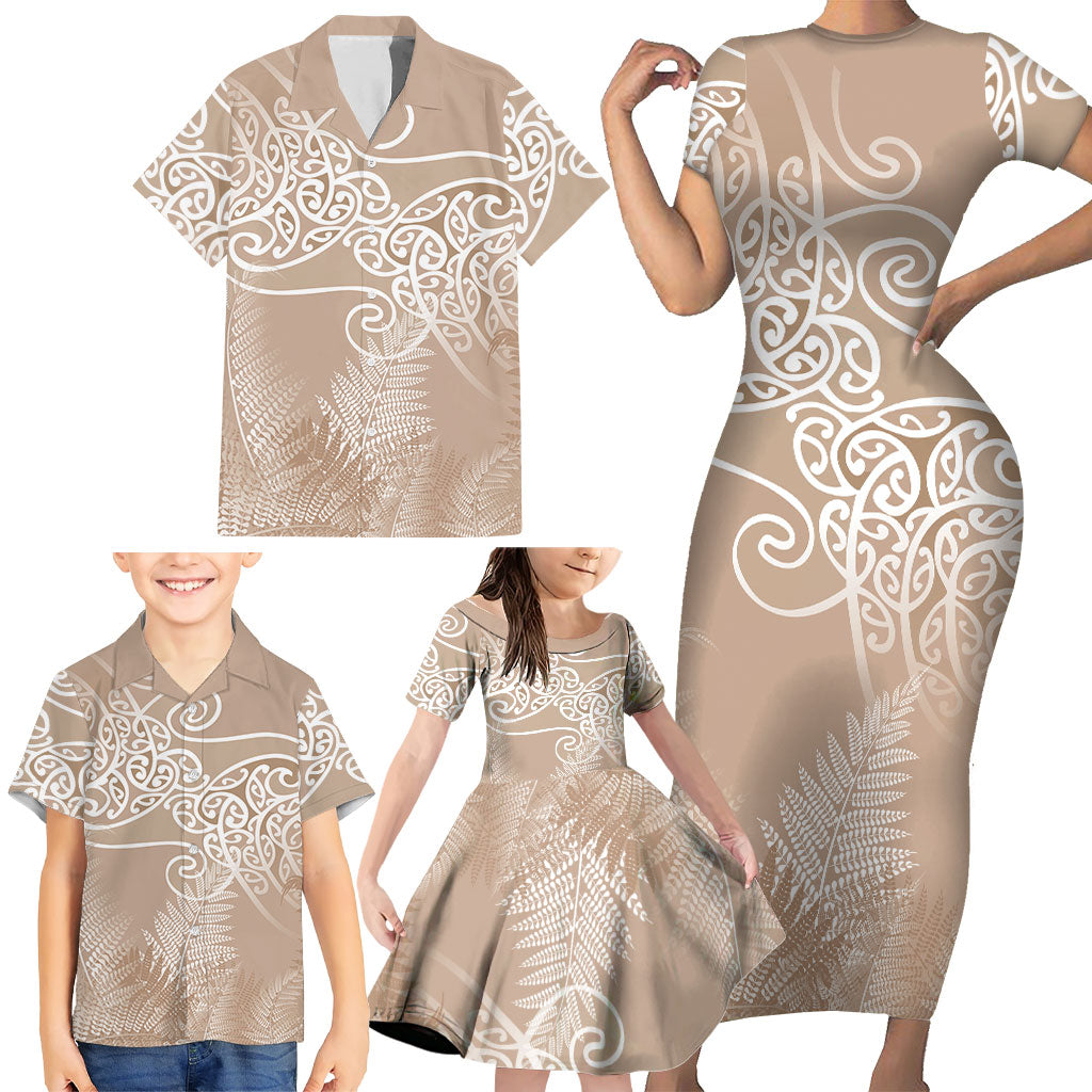 Aotearoa Maori Koru Curves Family Matching Short Sleeve Bodycon Dress and Hawaiian Shirt Silver Ferns - Mocha LT7 - Polynesian Pride