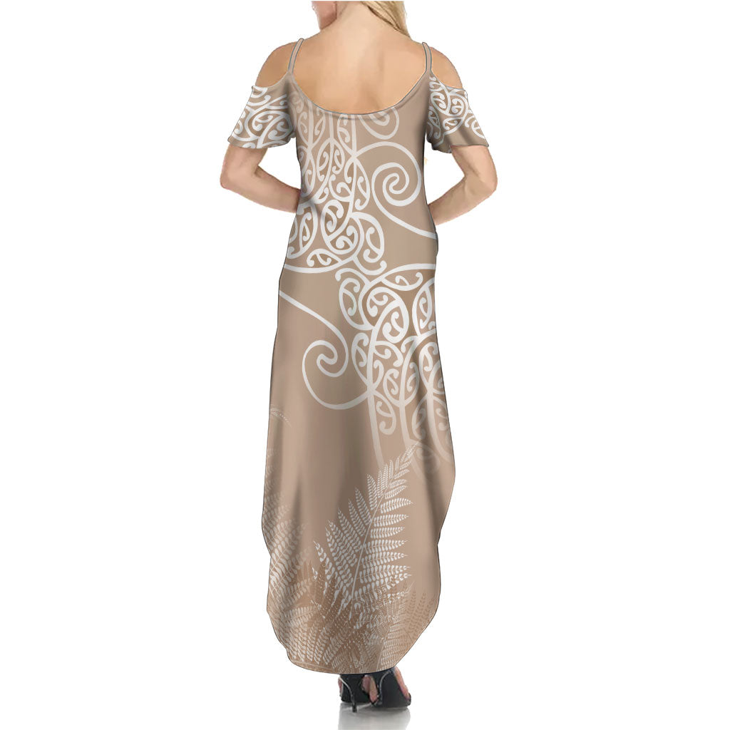 Aotearoa Maori Koru Curves Family Matching Summer Maxi Dress and Hawaiian Shirt Silver Ferns - Mocha LT7 - Polynesian Pride