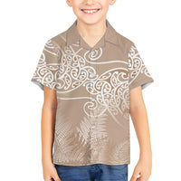 Aotearoa Maori Koru Curves Family Matching Summer Maxi Dress and Hawaiian Shirt Silver Ferns - Mocha LT7 Son's Shirt Beige - Polynesian Pride