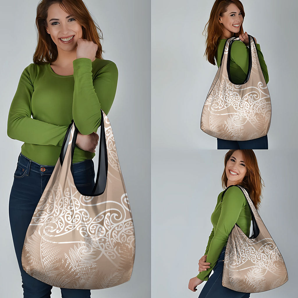 Aotearoa Maori Koru Curves Grocery Bag Silver Ferns - Mocha