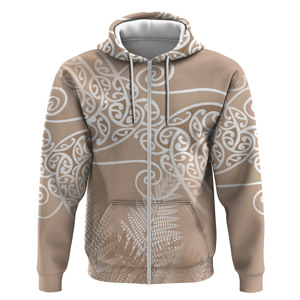 Aotearoa Maori Koru Curves Hoodie Silver Ferns - Mocha