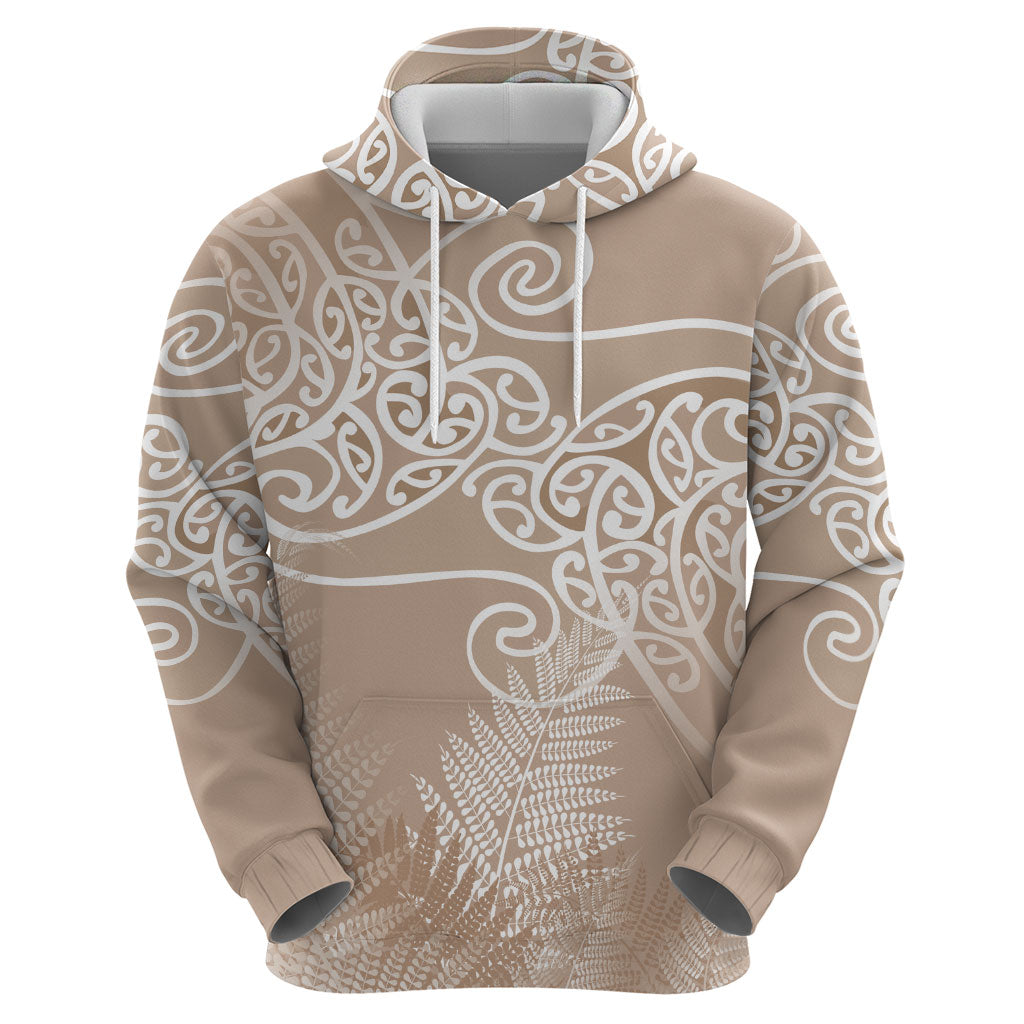 Aotearoa Maori Koru Curves Hoodie Silver Ferns - Mocha