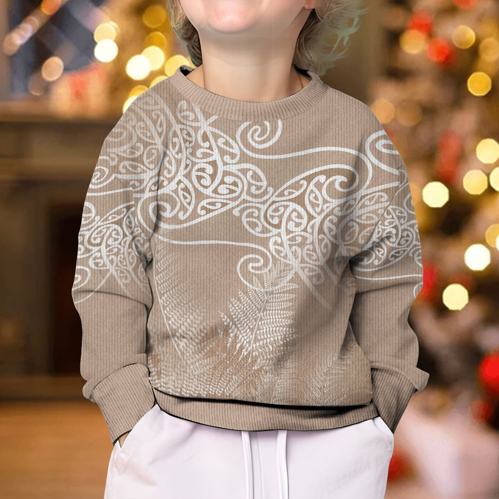 Aotearoa Maori Koru Curves Kid Ugly Christmas Sweater Silver Ferns - Mocha LT7 - Polynesian Pride