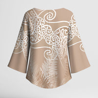 Aotearoa Maori Koru Curves Kimono Sleeve Blouse Silver Ferns - Mocha