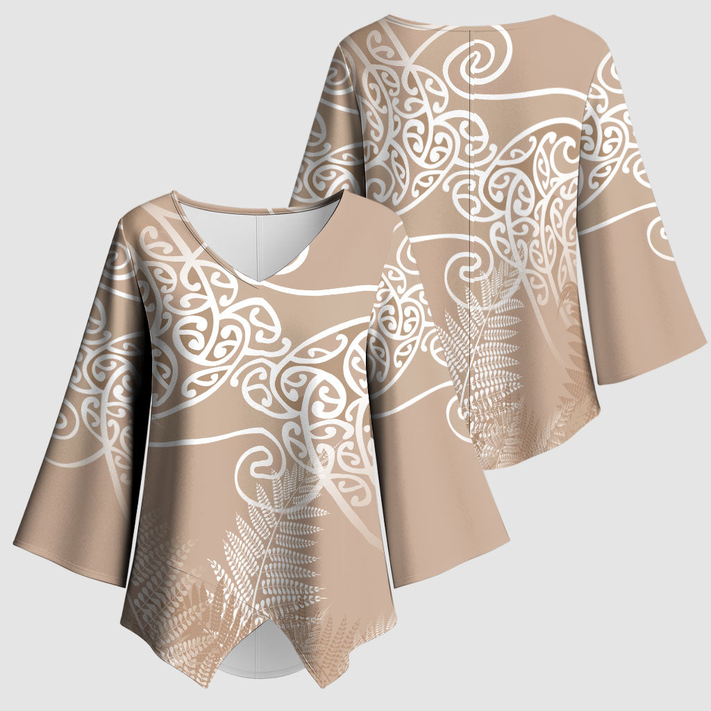 Aotearoa Maori Koru Curves Kimono Sleeve Blouse Silver Ferns - Mocha