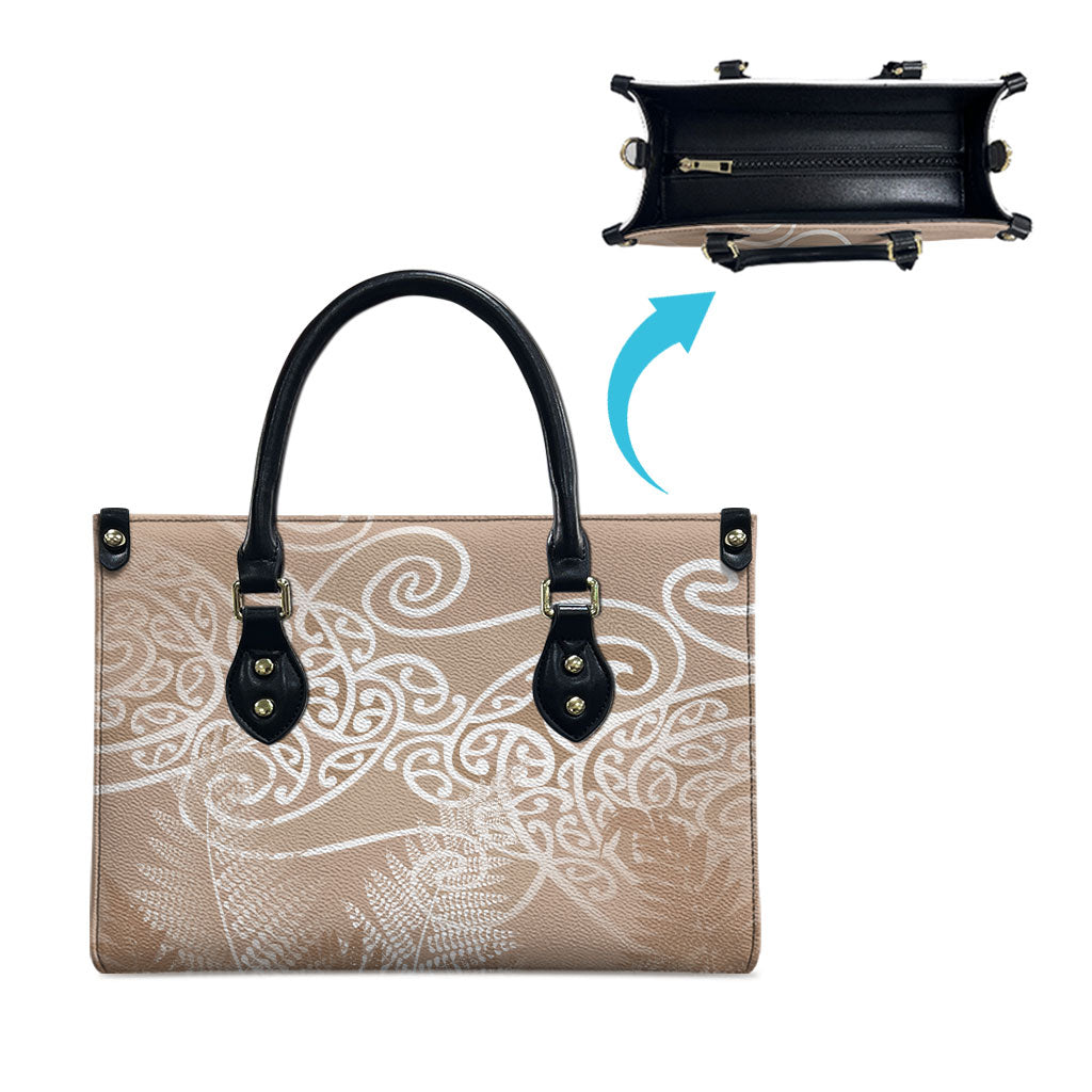 Aotearoa Maori Koru Curves Leather Bag Silver Ferns - Mocha