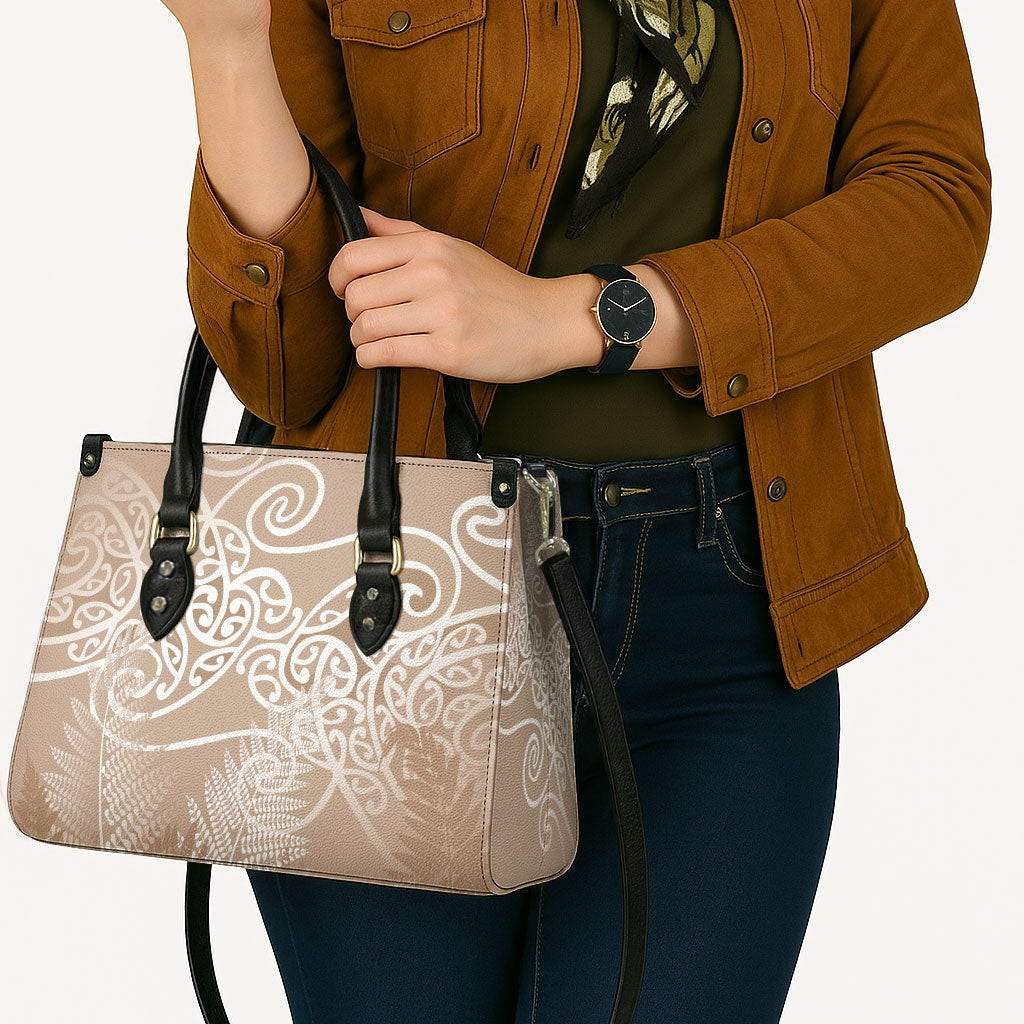 Aotearoa Maori Koru Curves Leather Bag Silver Ferns - Mocha
