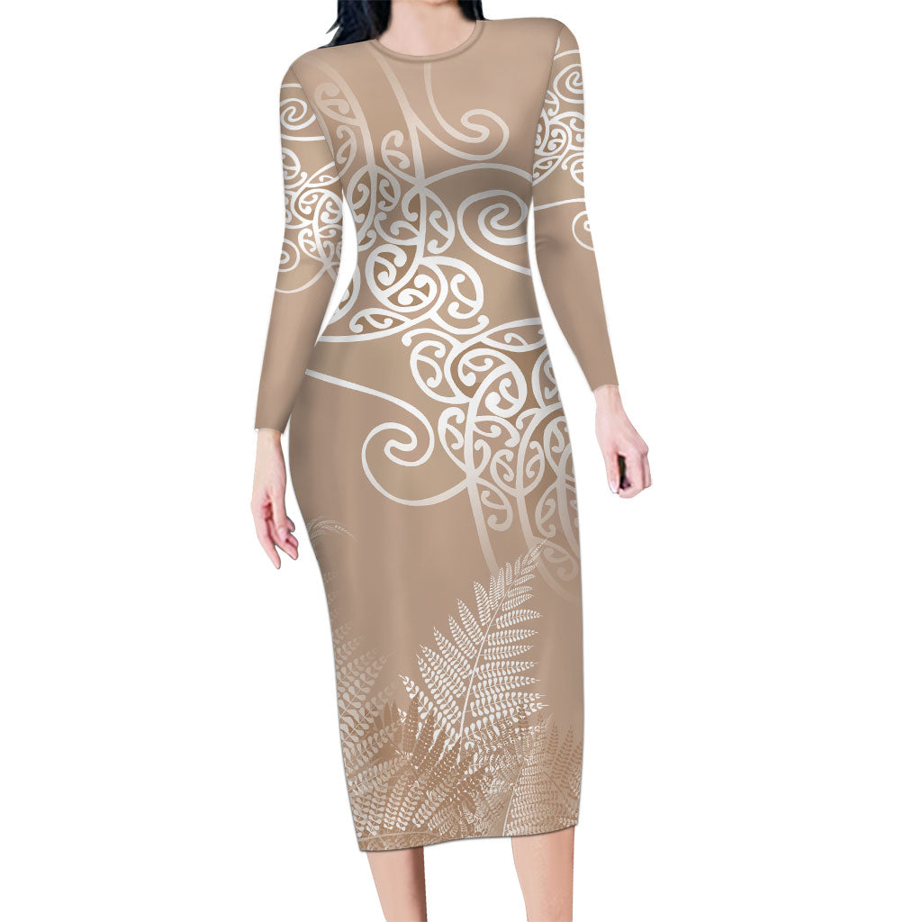 Aotearoa Maori Koru Curves Long Sleeve Bodycon Dress Silver Ferns - Mocha