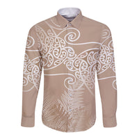 Aotearoa Maori Koru Curves Long Sleeve Button Shirt Silver Ferns - Mocha