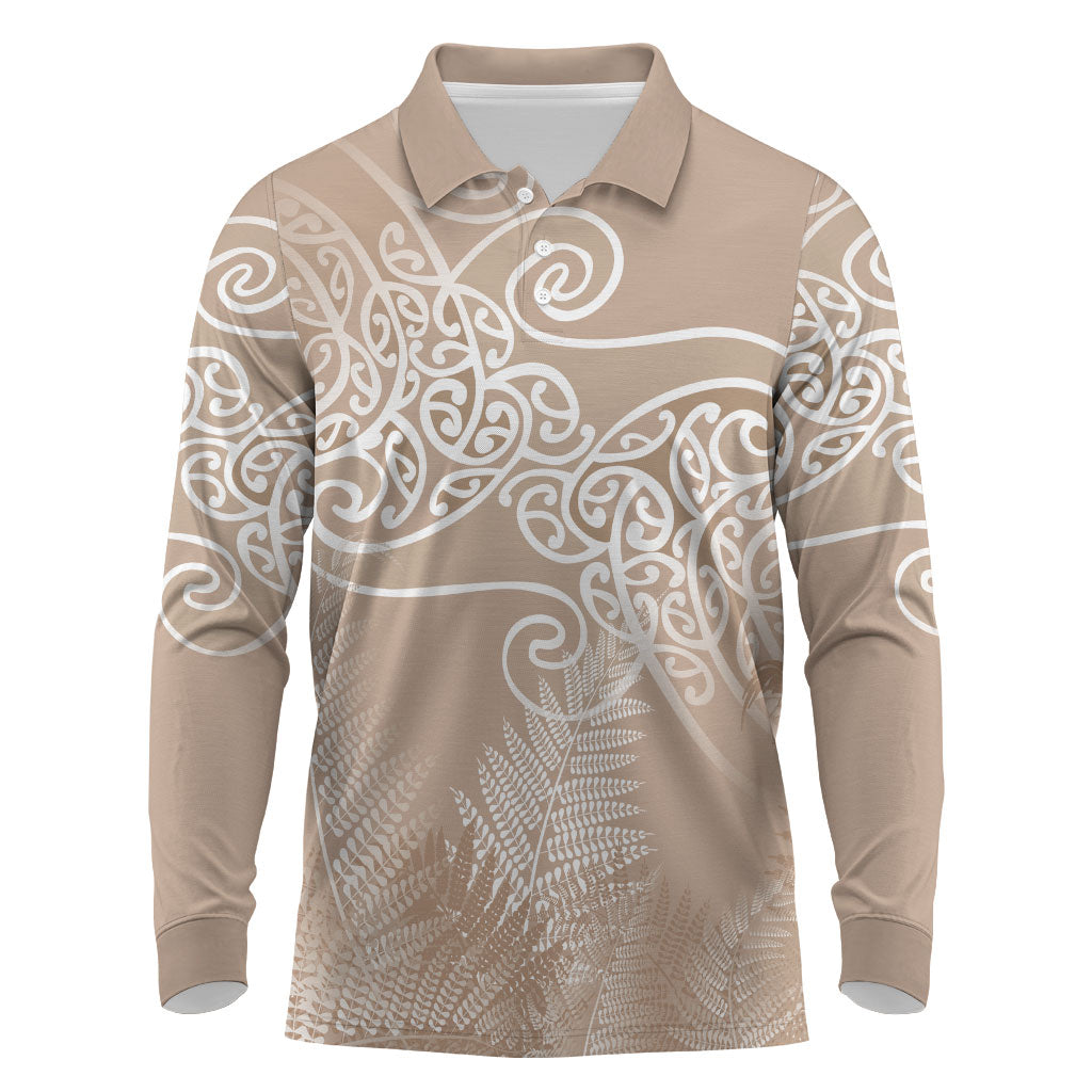 Aotearoa Maori Koru Curves Long Sleeve Polo Shirt Silver Ferns - Mocha