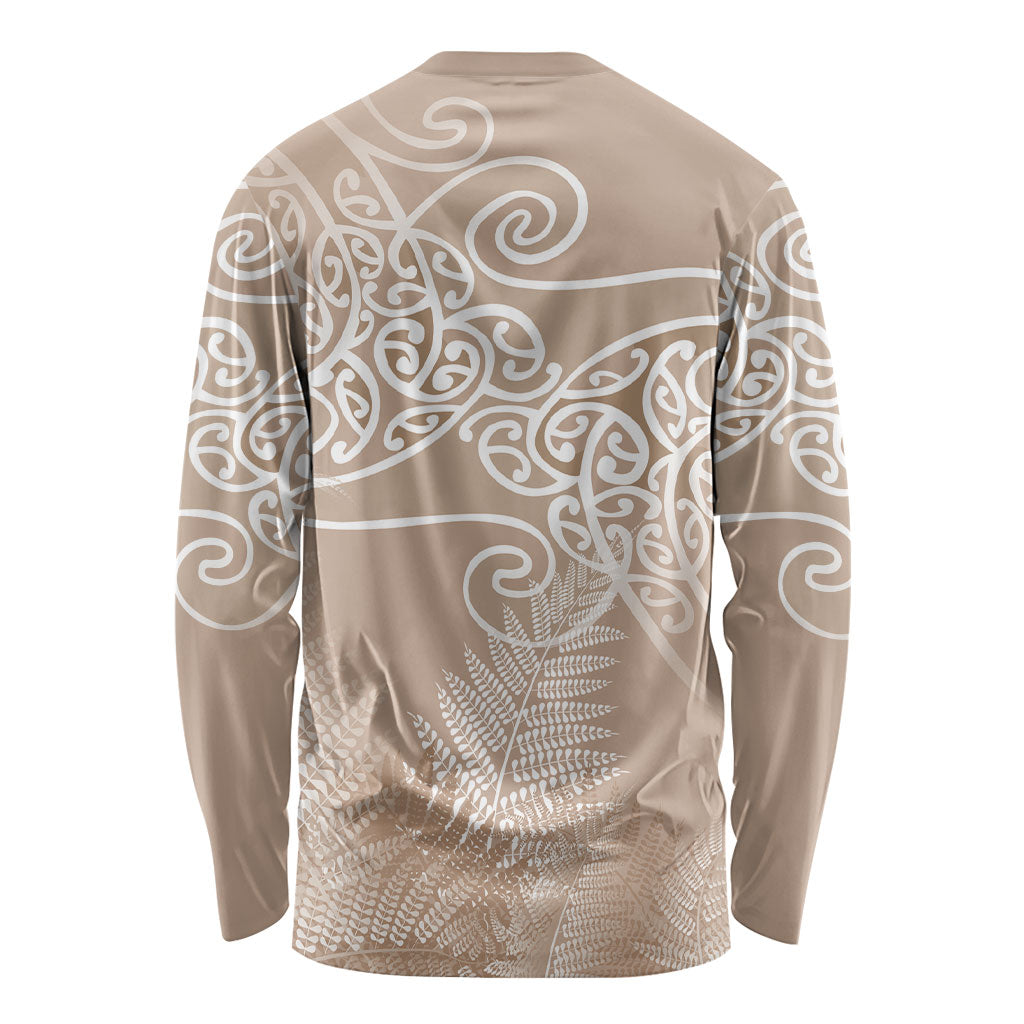 Aotearoa Maori Koru Curves Long Sleeve Shirt Silver Ferns - Mocha