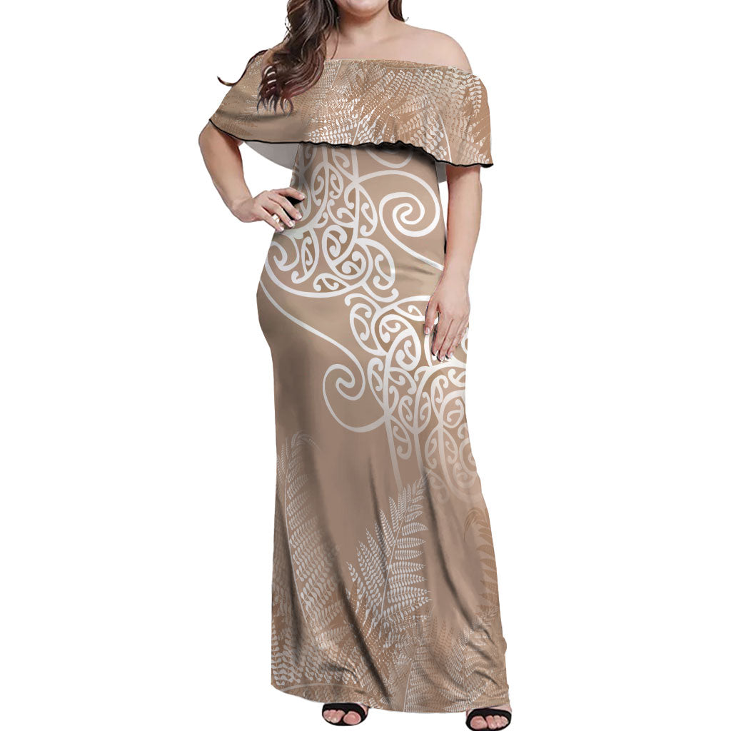 Aotearoa Maori Koru Curves Off Shoulder Maxi Dress Silver Ferns - Mocha
