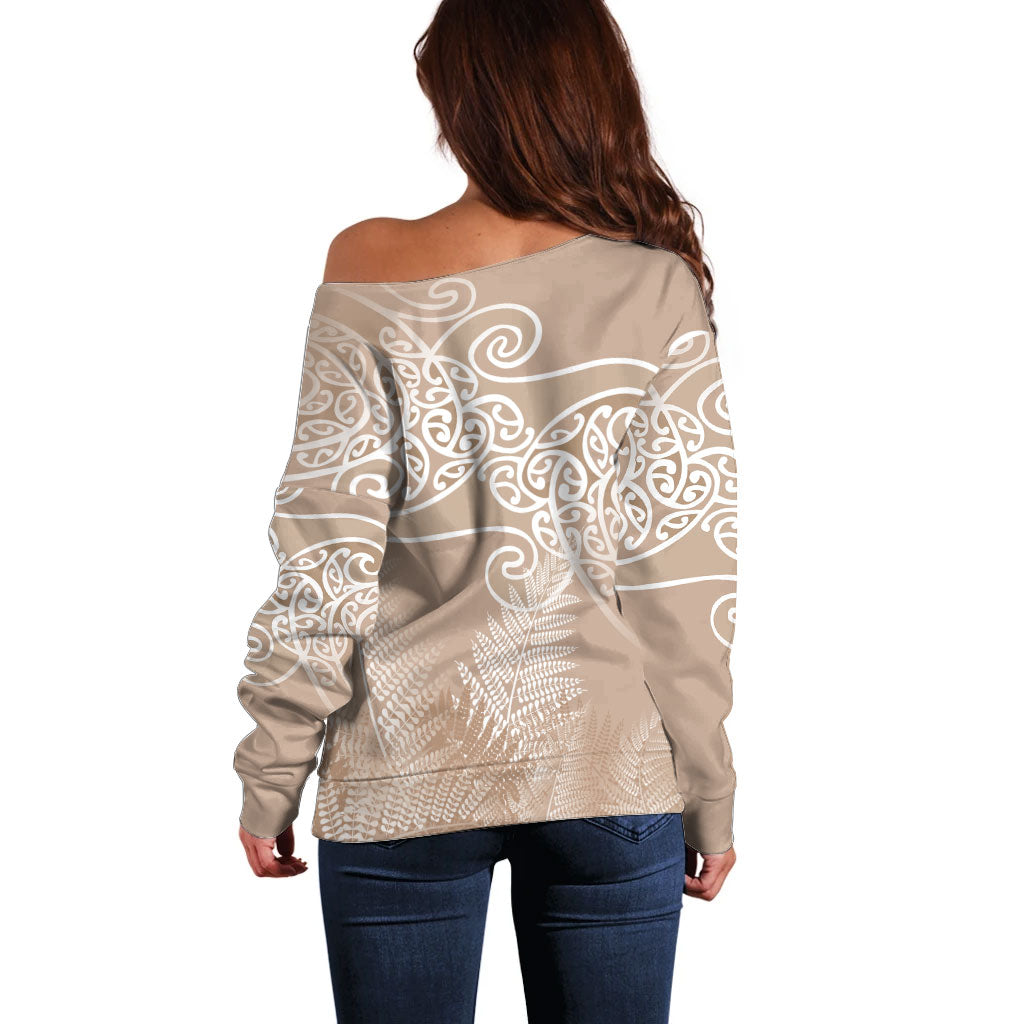 Aotearoa Maori Koru Curves Off Shoulder Sweater Silver Ferns - Mocha