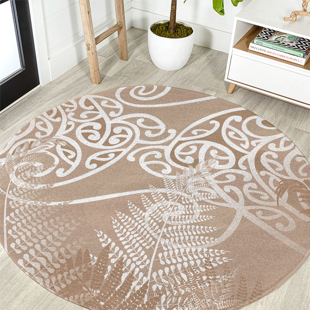 Aotearoa Maori Koru Curves Round Carpet Silver Ferns - Mocha