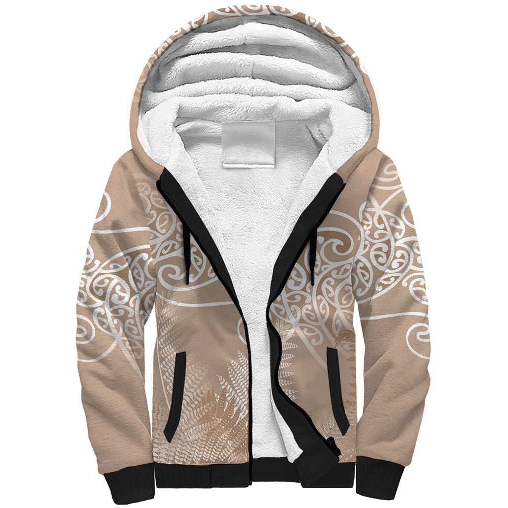 Aotearoa Maori Koru Curves Sherpa Hoodie Silver Ferns - Mocha