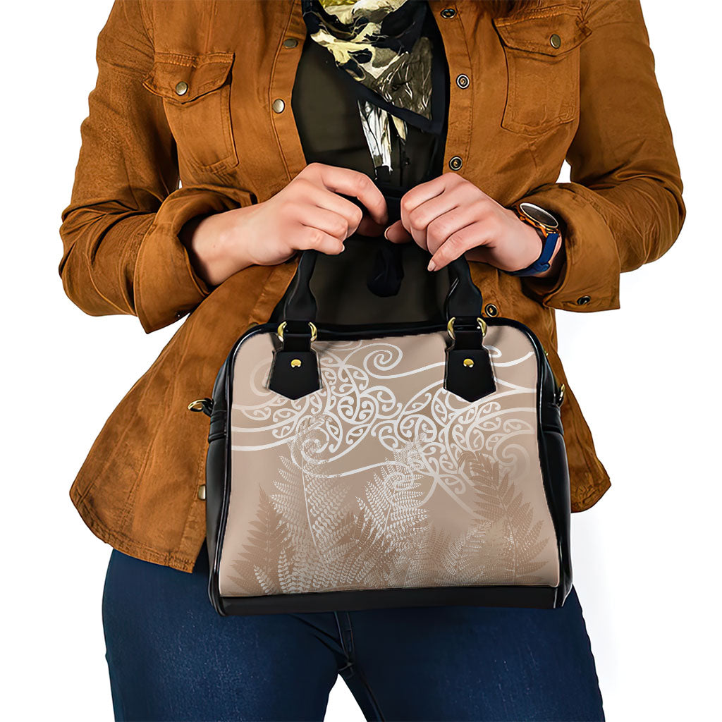 Aotearoa Maori Koru Curves Shoulder Handbag Silver Ferns - Mocha