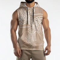 Aotearoa Maori Koru Curves Sleeveless Hoodie Silver Ferns - Mocha