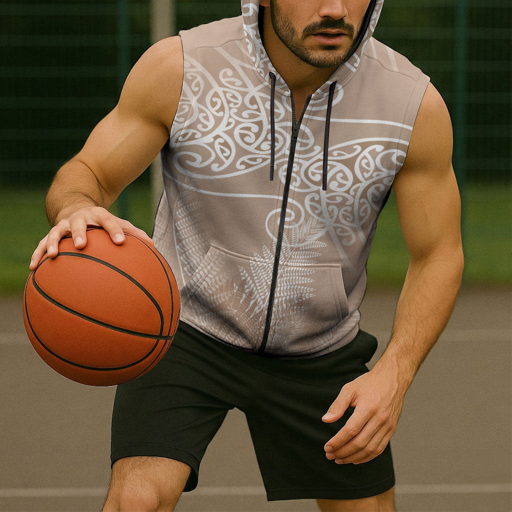 Aotearoa Maori Koru Curves Sleeveless Zip Hoodie Silver Ferns - Mocha