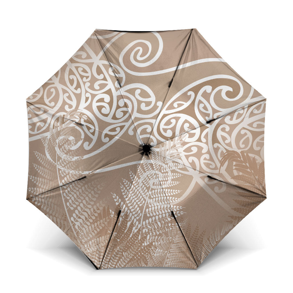 Aotearoa Maori Koru Curves Umbrella Silver Ferns - Mocha