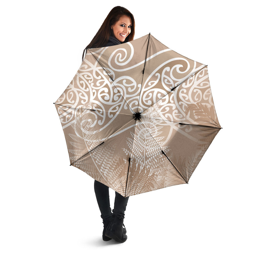 Aotearoa Maori Koru Curves Umbrella Silver Ferns - Mocha