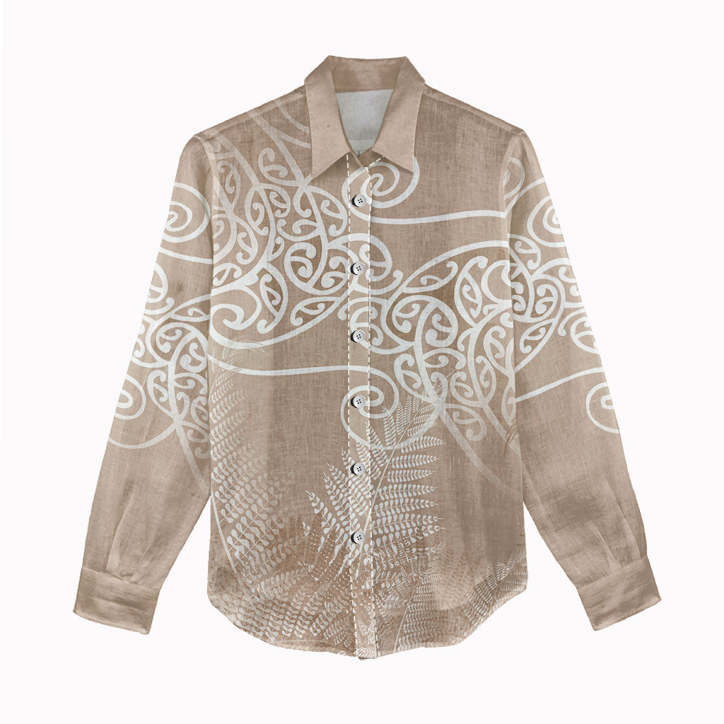 Aotearoa Maori Koru Curves Women Casual Shirt Silver Ferns - Mocha