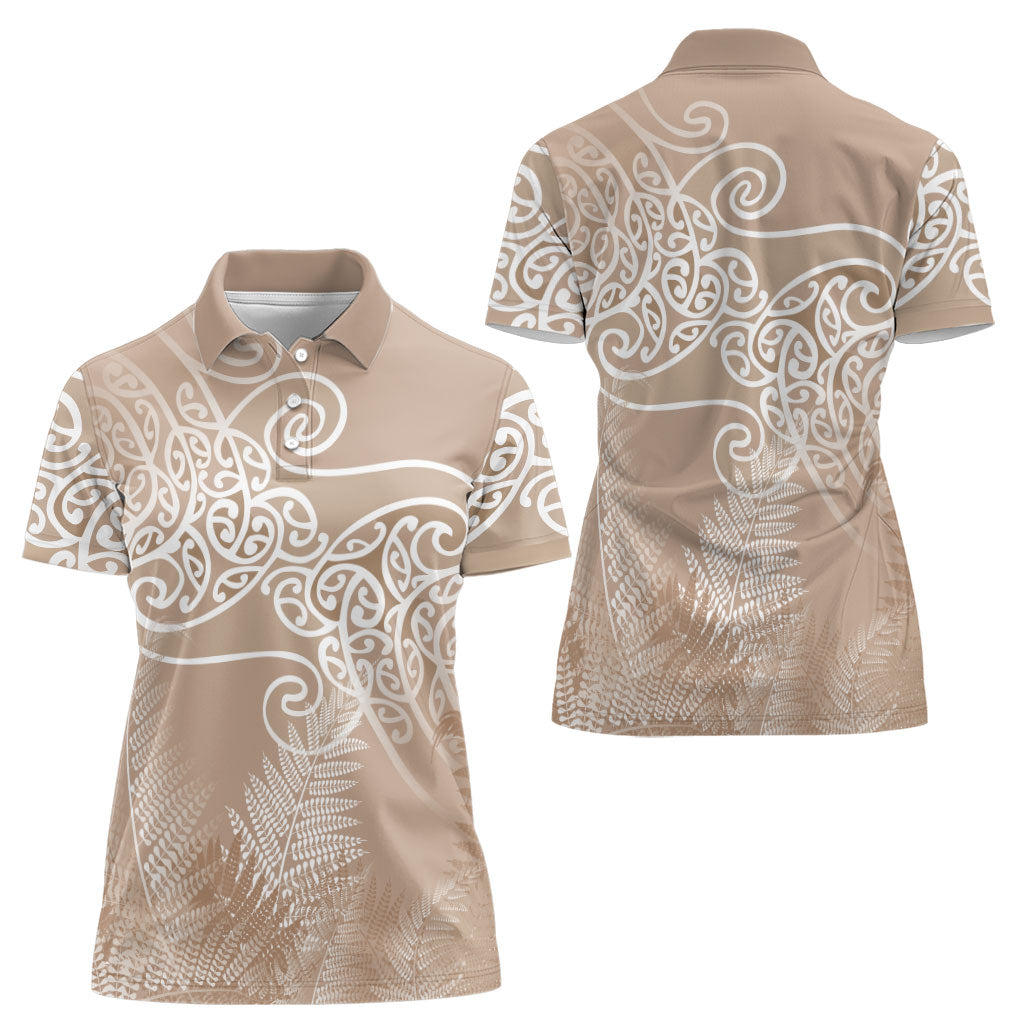 Aotearoa Maori Koru Curves Women Polo Shirt Silver Ferns - Mocha