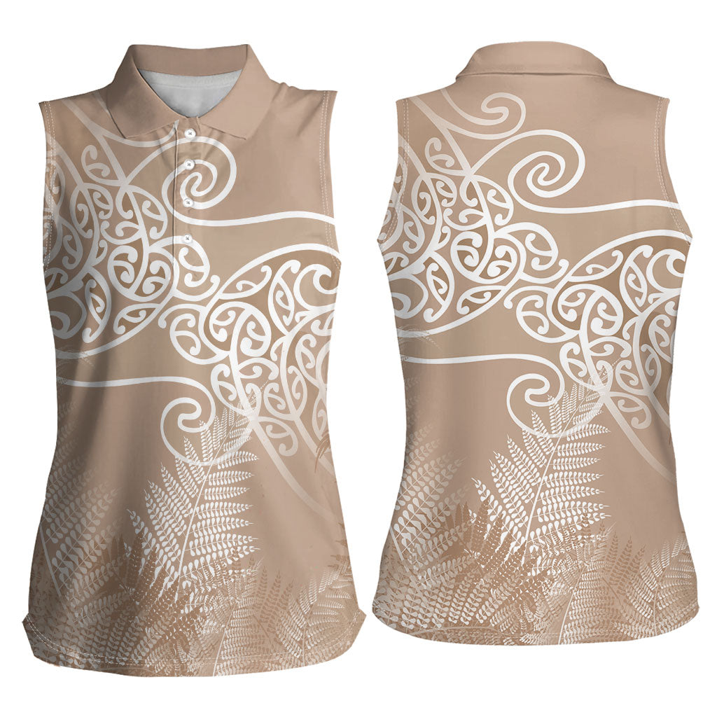 Aotearoa Maori Koru Curves Women Sleeveless Polo Shirt Silver Ferns - Mocha