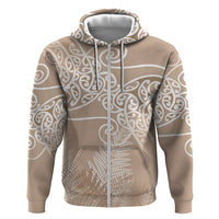 Aotearoa Maori Koru Curves Zip Hoodie Silver Ferns - Mocha