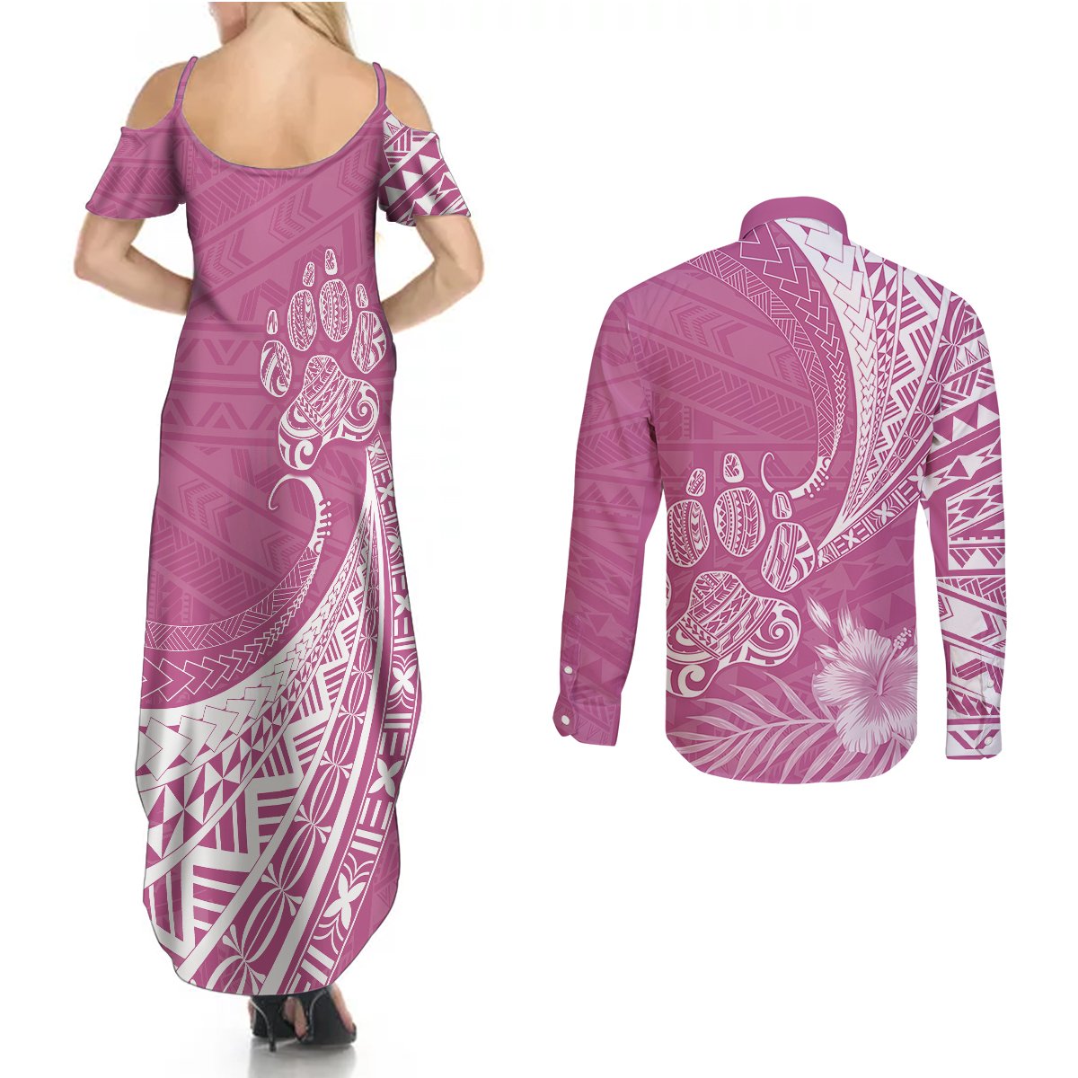 Personalised Polynesian Pacific Bulldog Couples Matching Summer Maxi Dress and Long Sleeve Button Shirts With Pink Hawaii Tribal Tattoo Patterns LT7 - Polynesian Pride