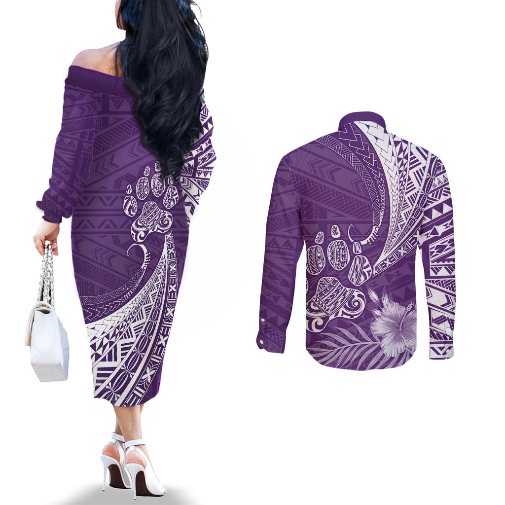 Personalised Polynesian Pacific Bulldog Couples Matching Off The Shoulder Long Sleeve Dress and Long Sleeve Button Shirts With Violet Hawaii Tribal Tattoo Patterns LT7 - Polynesian Pride