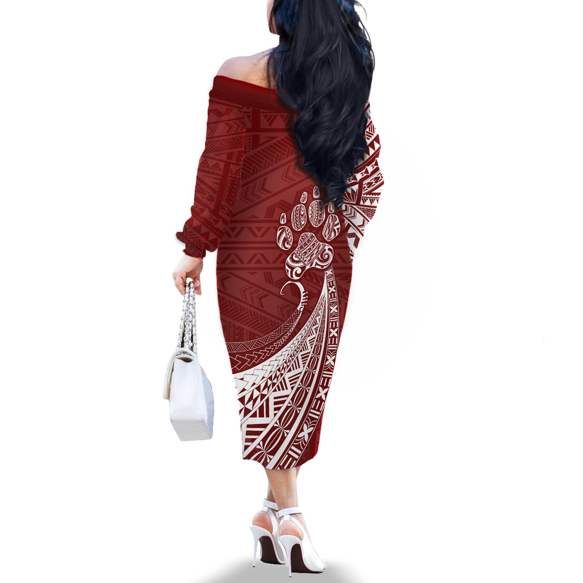 Personalised Polynesian Pacific Bulldog Off The Shoulder Long Sleeve Dress With Red Hawaii Tribal Tattoo Patterns LT7 - Polynesian Pride