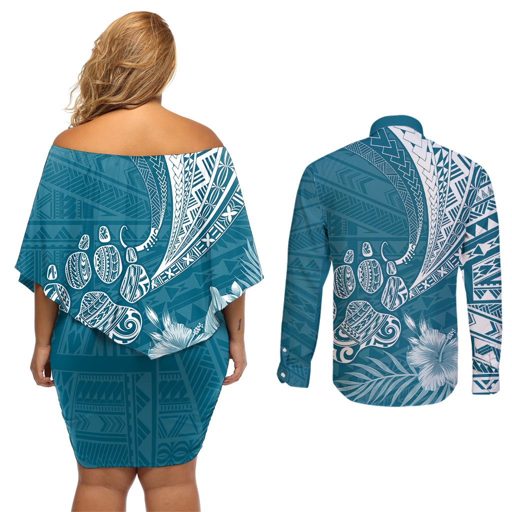 Personalised Polynesian Pacific Bulldog Couples Matching Off Shoulder Short Dress and Long Sleeve Button Shirts With Teal Hawaii Tribal Tattoo Patterns LT7 - Polynesian Pride