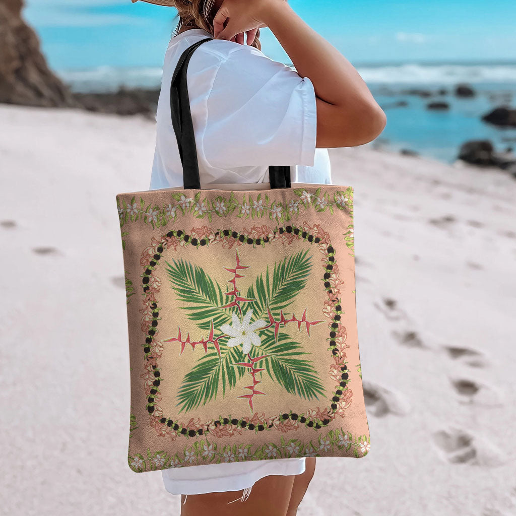 Hawaii Quilt Inspired Collection Aloha Flowers Tote Bag Maile - Kukui Nut Lei