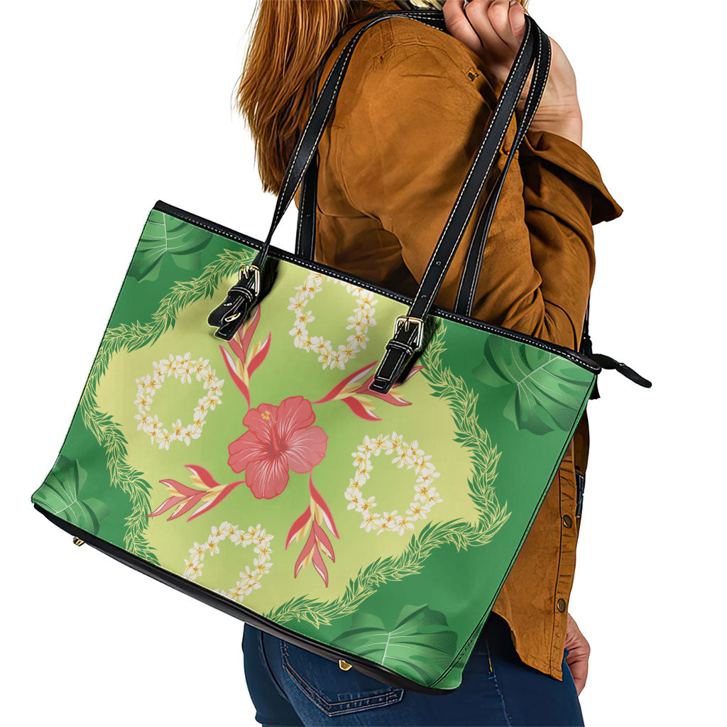 Hawaii Quilt Inspired Collection Aloha Flowers Leather Tote Bag Plumeria - Ti Leaf Lei