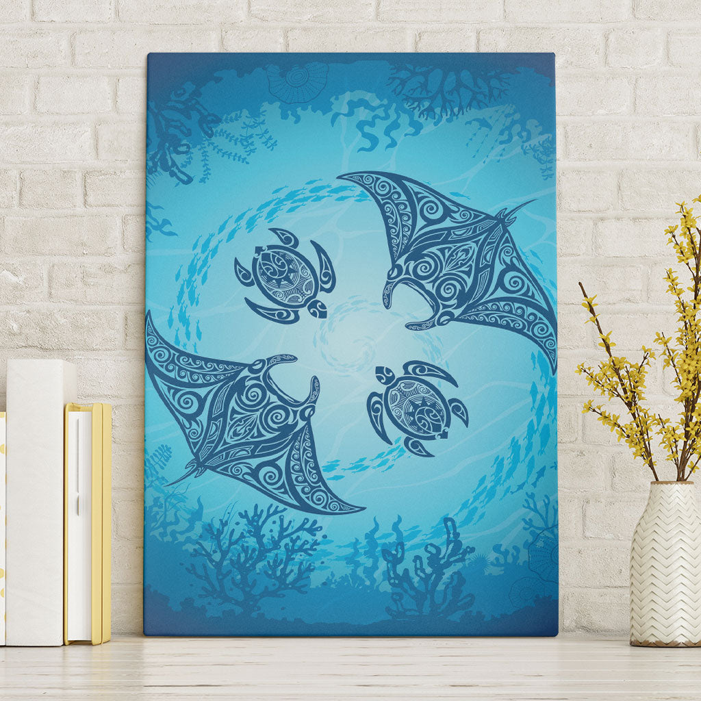 Hawaii Quilt Inspired Collection Aloha Sea Canvas Wall Art Manta Ray and Turtles
