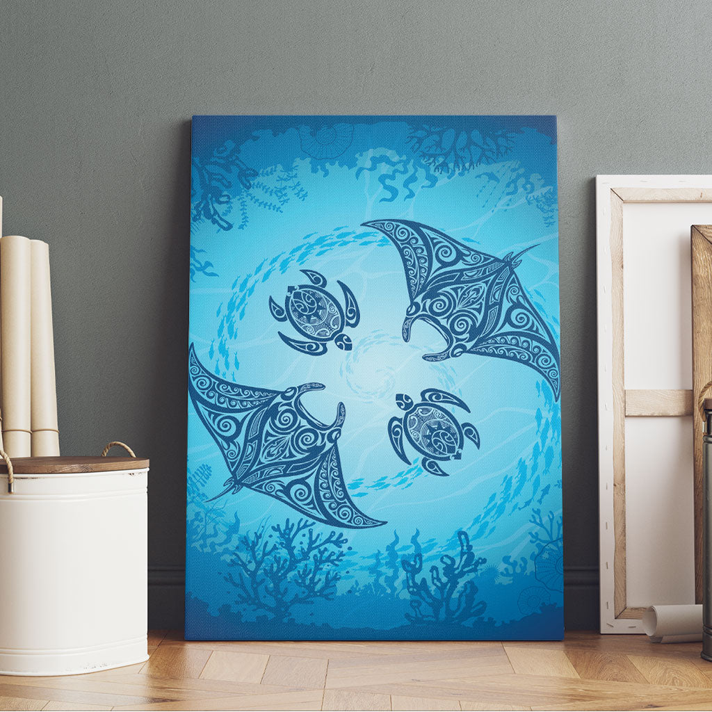 Hawaii Quilt Inspired Collection Aloha Sea Canvas Wall Art Manta Ray and Turtles