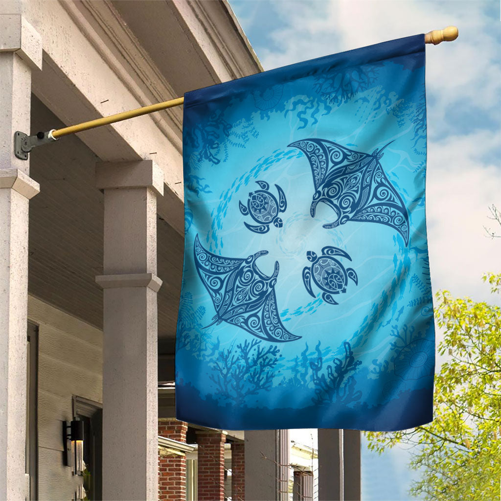 Hawaii Quilt Inspired Collection Aloha Sea Garden Flag Manta Ray and Turtles LT7 House Flag Cerulean - Polynesian Pride