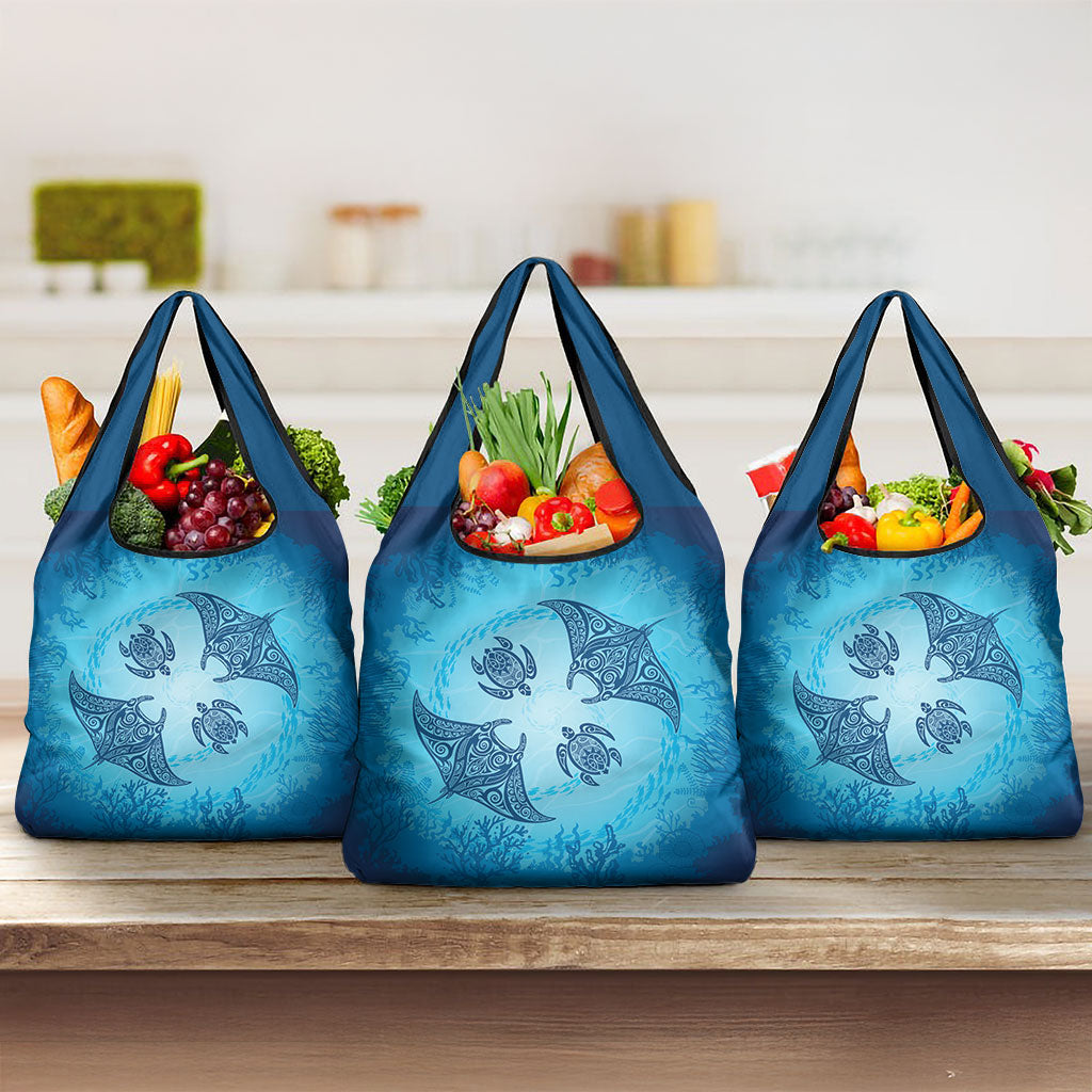 Hawaii Quilt Inspired Collection Aloha Sea Grocery Bag Manta Ray and Turtles