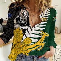 Personalised New Zealand Vs South Africa Rugby Women Casual Shirt Rivals - Tribal Style LT7 Female Black Green - Polynesian Pride