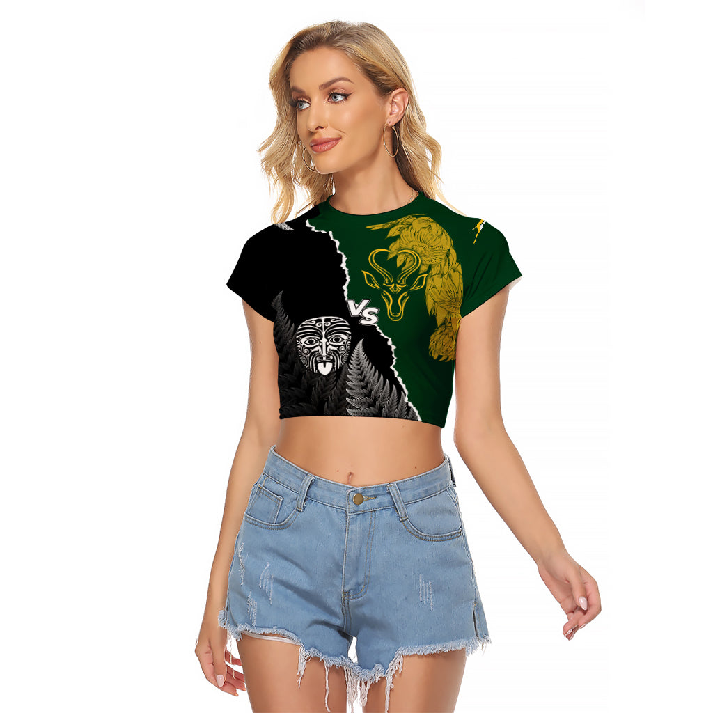 Personalised New Zealand Vs South Africa Rugby Raglan Cropped T Shirt Rivals Dynamics LT7 Female Black Green - Polynesian Pride