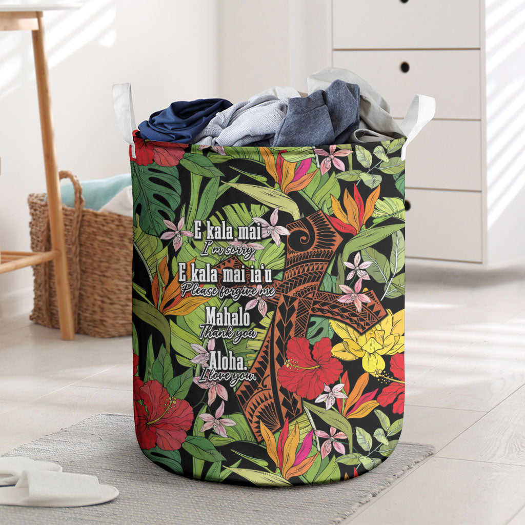 Mahalo Hawaii Ho'oponopono Pule Laundry Basket Polynesian Pattern Cross LT7 Black - Polynesian Pride