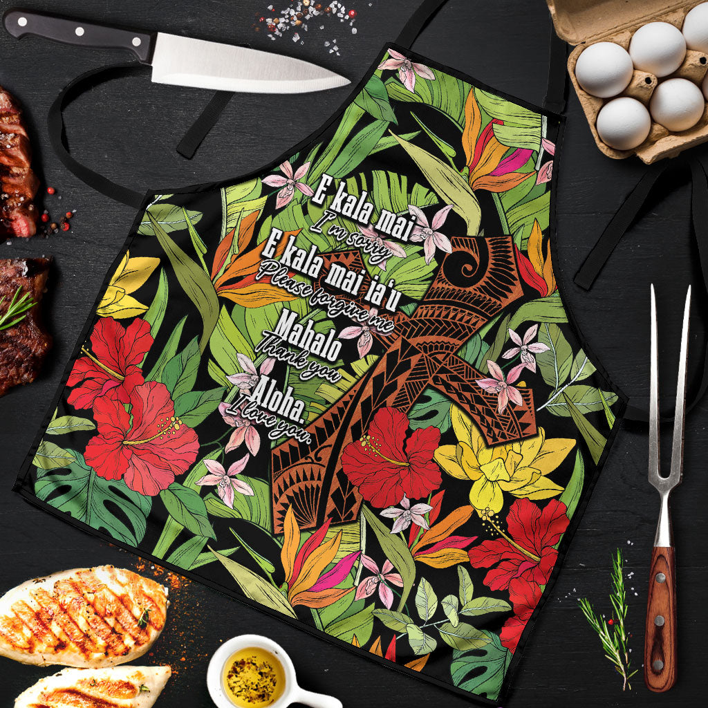 Mahalo Hawaii Ho'oponopono Pule Apron Polynesian Pattern Cross LT7 Black - Polynesian Pride