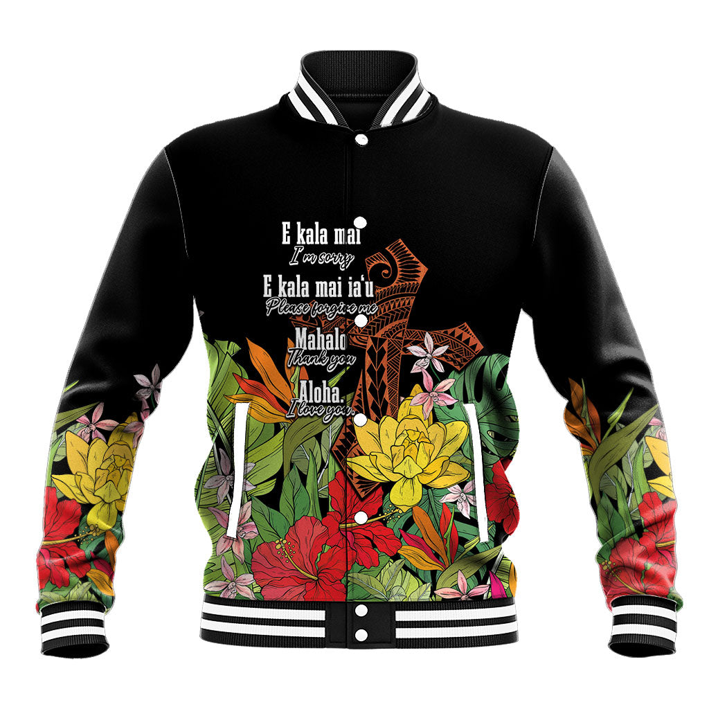 Mahalo Hawaii Ho'oponopono Pule Baseball Jacket Polynesian Pattern Cross LT7 Unisex Black - Polynesian Pride