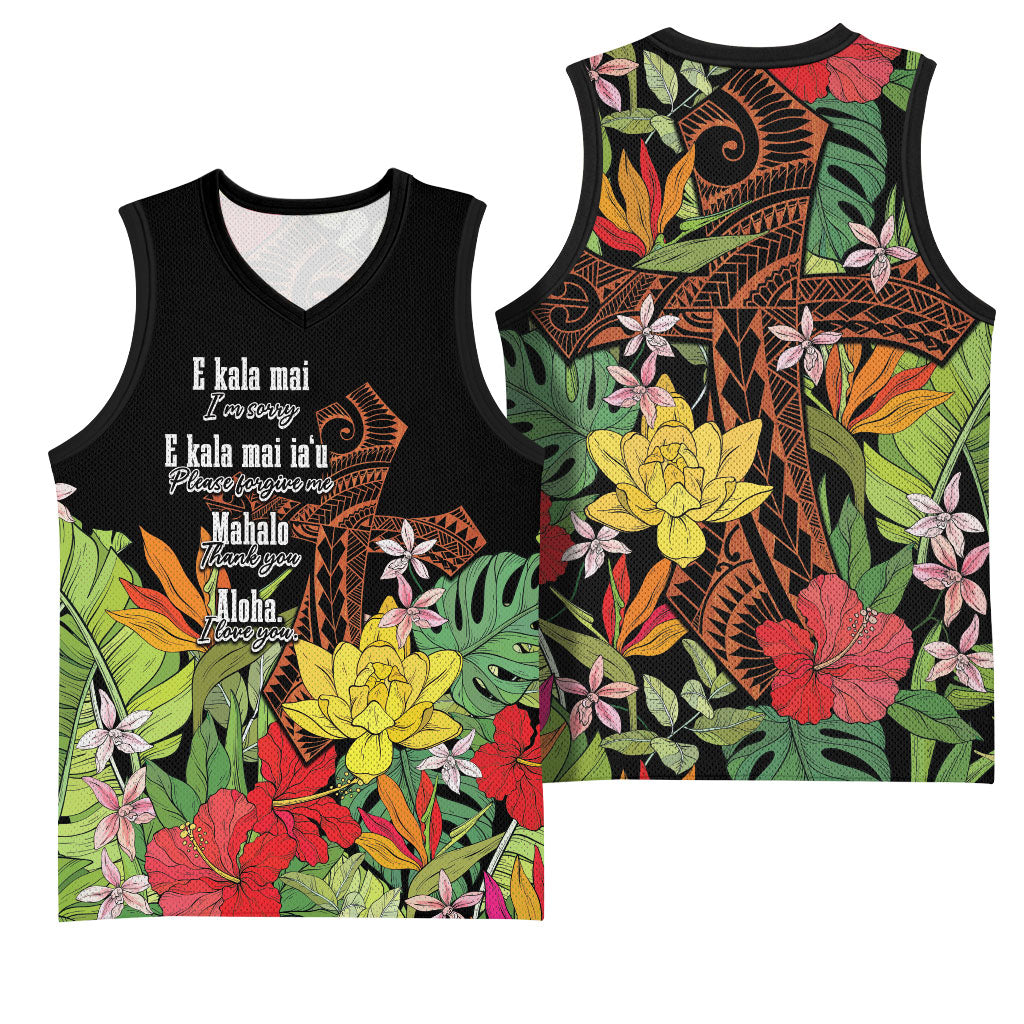 Mahalo Hawaii Ho'oponopono Pule Basketball Jersey Polynesian Pattern Cross LT7 - Polynesian Pride